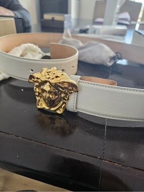 Versace White Leather Belt with Gold Medusa Buckle